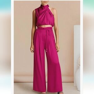 *New PRETTYGARDEN Womens 2024  Sleeveless Mock Neck Crop Top and Wide Leg Pant